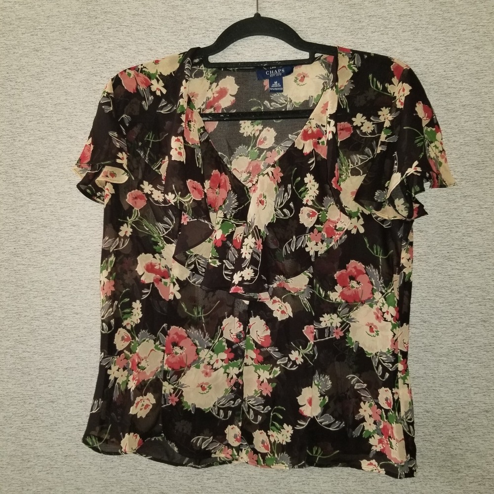 CHAPS Floral Print Ruffle Blouse Womens Short Cap Sleeve Sheer Top Size Medium